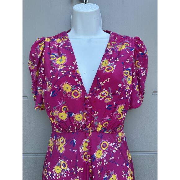 Saloni Lea Silk Pink Floral Button-Front Midi Dress Puff Sleeves US 0 Feminine - Picture 10 of 16